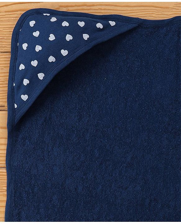 Babyhug Terry Woven Hooded Bath Towel with Heart Print L 76 X B 76 cm - Navy Blue