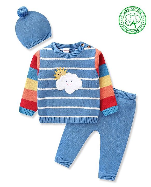 Babyhug Knitted Full Sleeves Sweater Set with Cap Stripes & Sun Patch - Multicolor