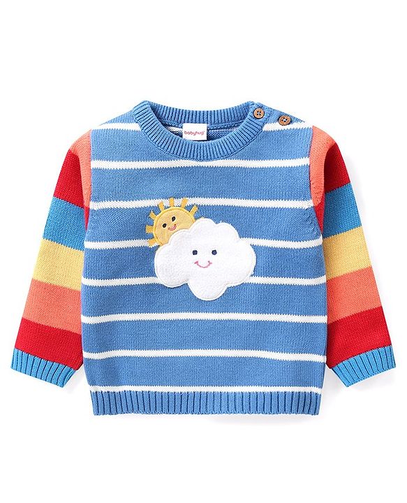 Babyhug Knitted Full Sleeves Sweater Set with Cap Stripes & Sun Patch - Multicolor
