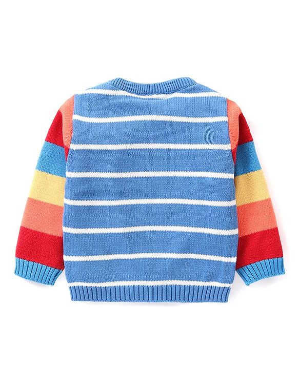 Babyhug Knitted Full Sleeves Sweater Set with Cap Stripes & Sun Patch - Multicolor