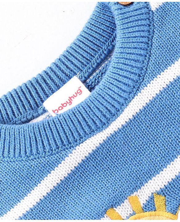 Babyhug Knitted Full Sleeves Sweater Set with Cap Stripes & Sun Patch - Multicolor
