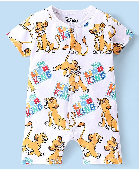 Babyhug Disney Cotton Knit Half Sleeves Lion King Printed Romper - White