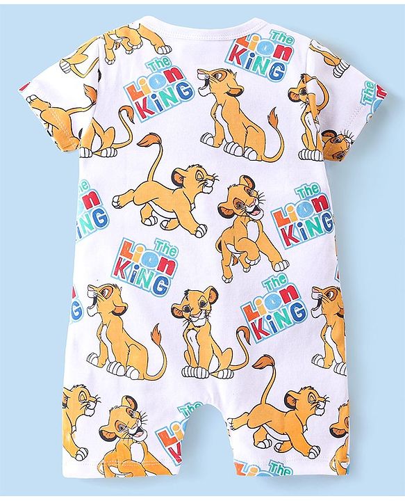 Babyhug Disney Cotton Knit Half Sleeves Lion King Printed Romper - White