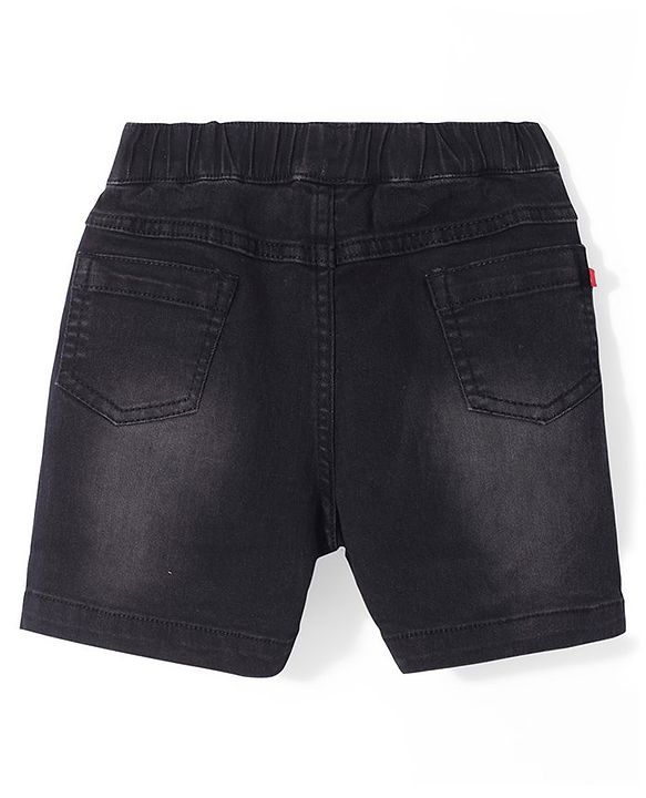 Babyhug Above Knee Length Denim Washed Bermuda with Stretch Solid Colour - Black