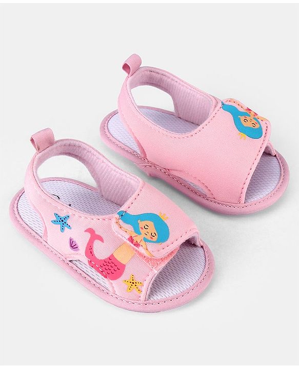 Cute Walk by Babyhug Velcro Closure Booties With Mermaid Print - Pink