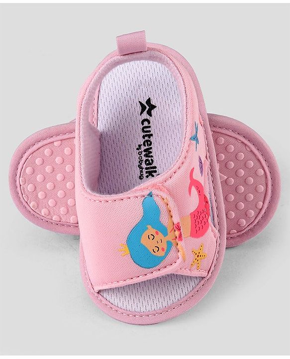 Cute Walk by Babyhug Velcro Closure Booties With Mermaid Print - Pink