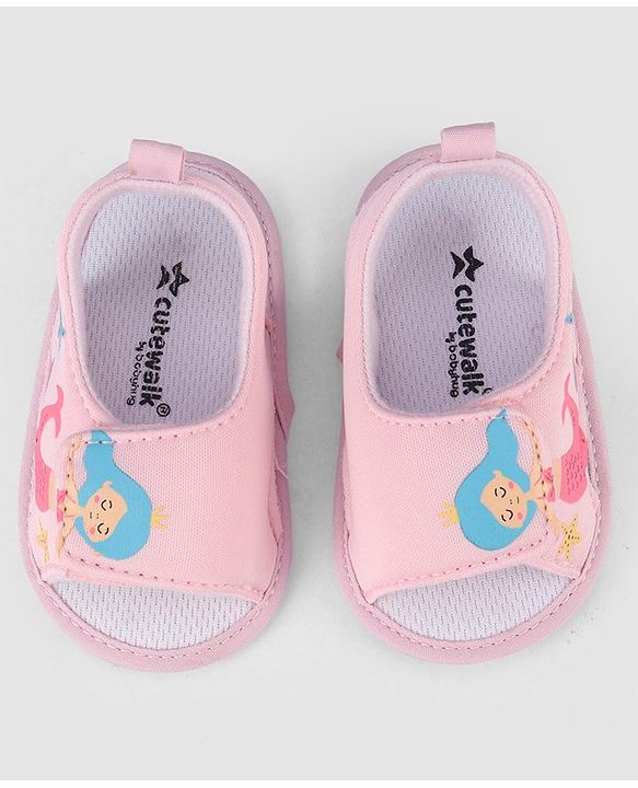 Cute Walk by Babyhug Velcro Closure Booties With Mermaid Print - Pink