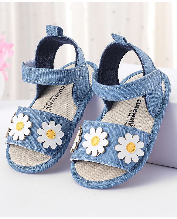 Cute Walk by Babyhug Velcro Closure Booties With Floral Applique - Blue