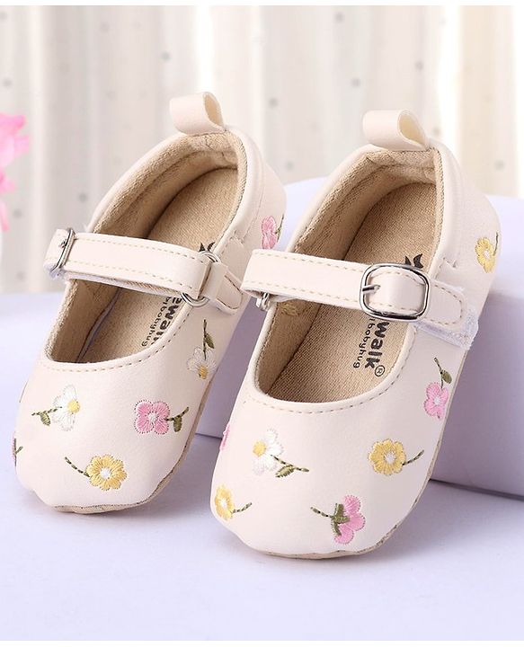 Cute Walk by Babyhug Bucled Booties Floral Embroidery - White