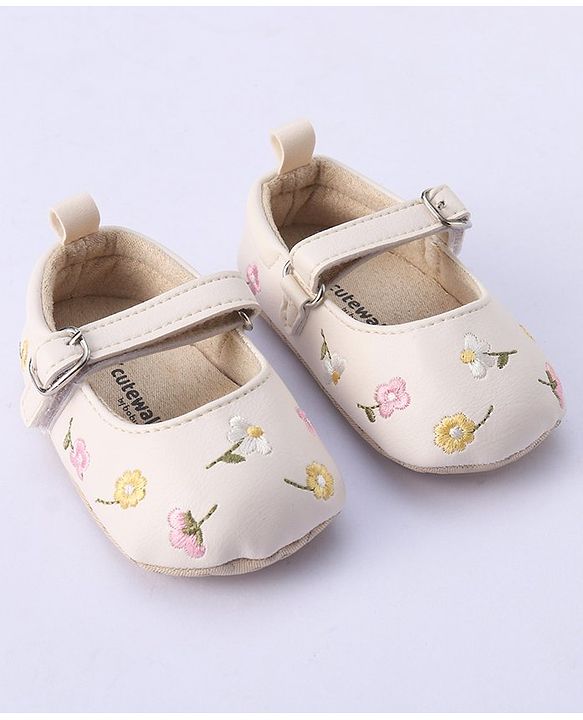 Cute Walk by Babyhug Bucled Booties Floral Embroidery - White
