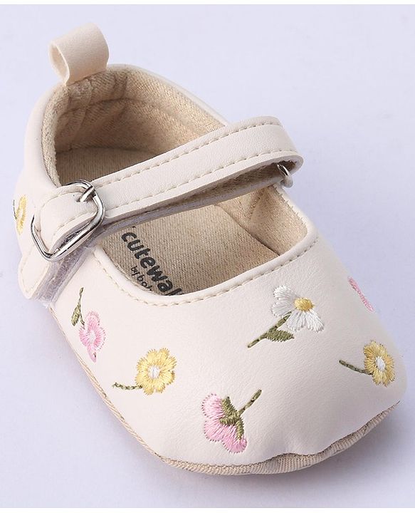 Cute Walk by Babyhug Bucled Booties Floral Embroidery - White