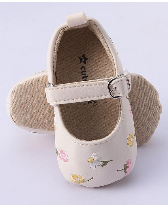 Cute Walk by Babyhug Bucled Booties Floral Embroidery - White