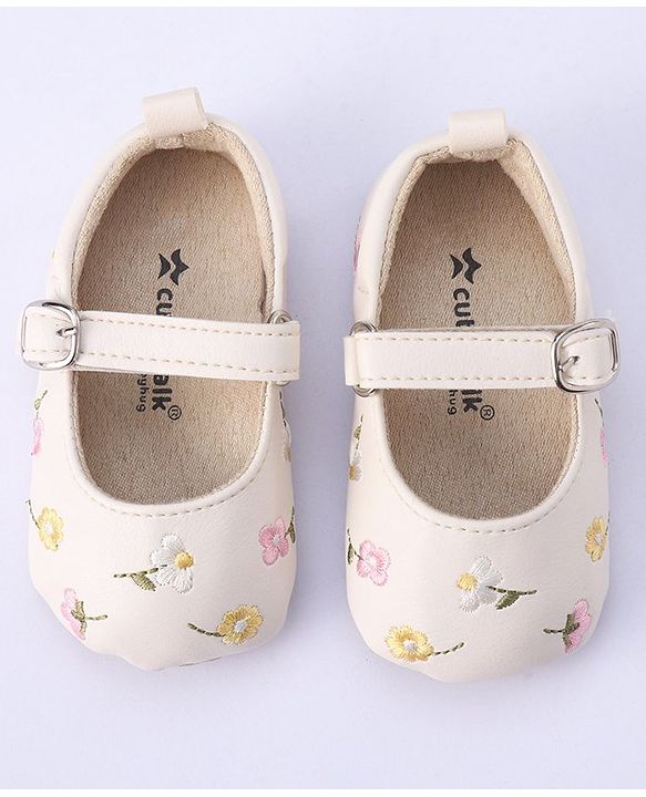 Cute Walk by Babyhug Bucled Booties Floral Embroidery - White