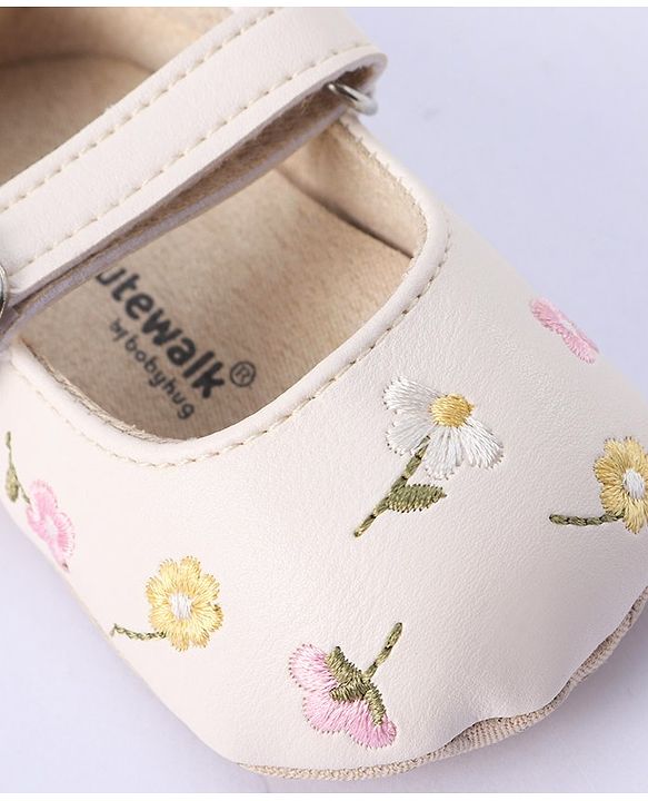 Cute Walk by Babyhug Bucled Booties Floral Embroidery - White
