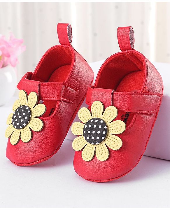 Cute Walk by Babyhug Velcro Closure Booties With Floral Applique - Red