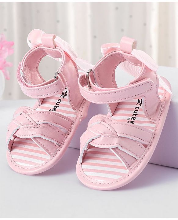 Cute Walk by Babyhug Velcro Closure Striped Booties with Bow Applique- Pink