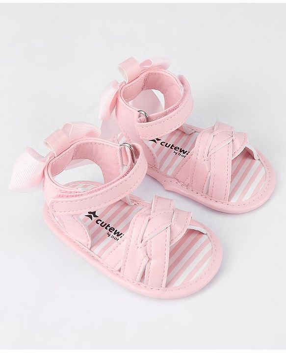 Cute Walk by Babyhug Velcro Closure Striped Booties with Bow Applique- Pink