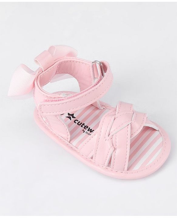 Cute Walk by Babyhug Velcro Closure Striped Booties with Bow Applique- Pink