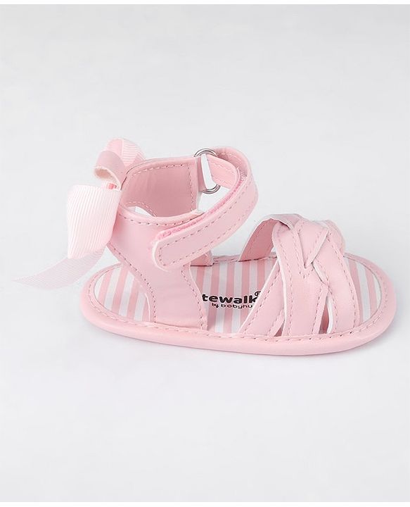Cute Walk by Babyhug Velcro Closure Striped Booties with Bow Applique- Pink