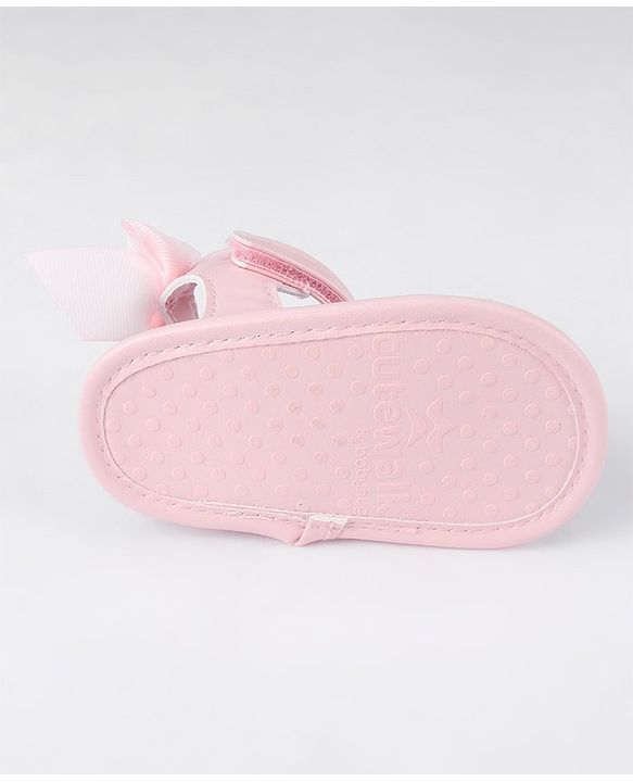 Cute Walk by Babyhug Velcro Closure Striped Booties with Bow Applique- Pink