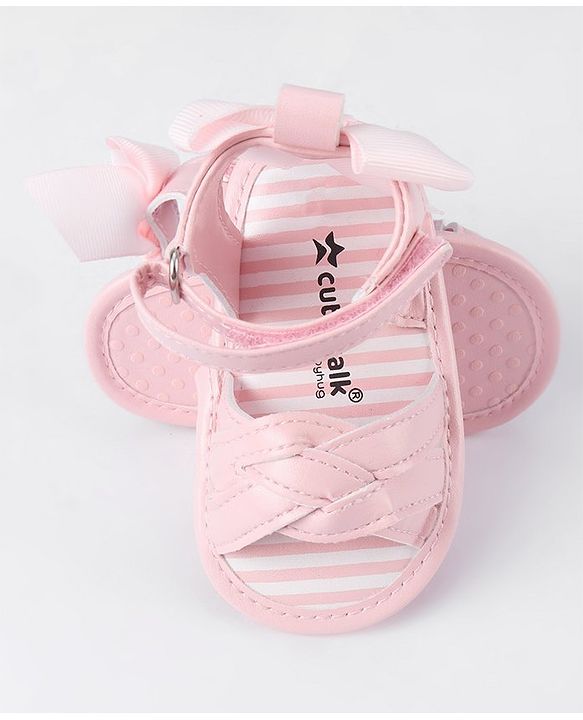 Cute Walk by Babyhug Velcro Closure Striped Booties with Bow Applique- Pink