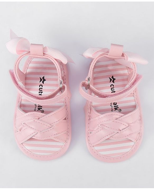 Cute Walk by Babyhug Velcro Closure Striped Booties with Bow Applique- Pink