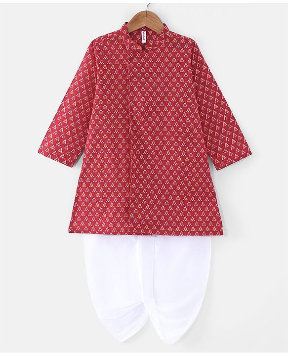 Babyhug Cotton Woven Full Sleeves Printed Dhoti Kurta Set - Red