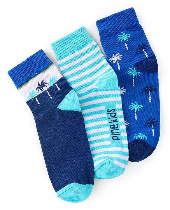 Pine Kids High Ankle Length Socks Hawaiin Theme Print Pack of 3 - Blue