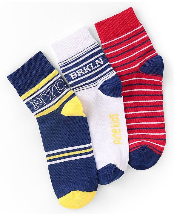 Pine Kids High Ankle Length Socks Text and Stripes Print Pack of 3 - Multicolor