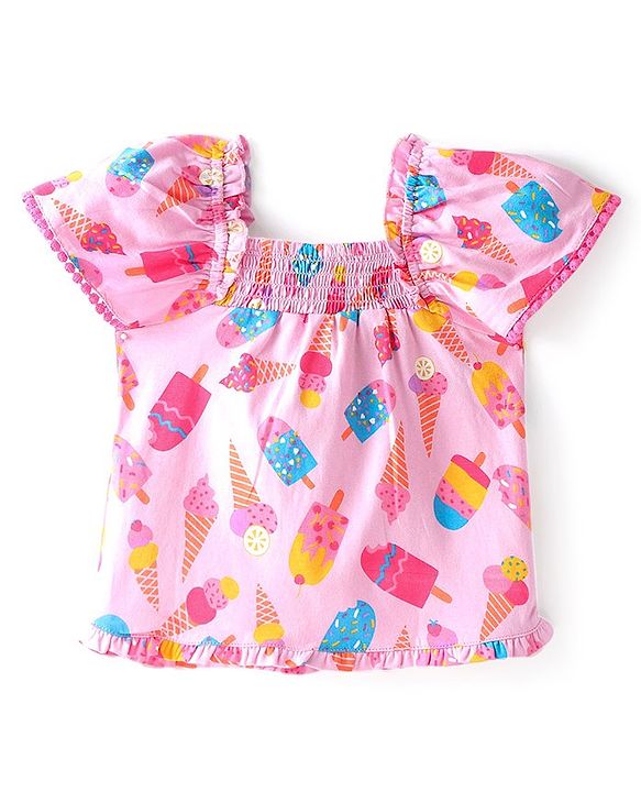 Babyhug  Half Sleeves Top with Smocking & Ice Cream  Print - Pink