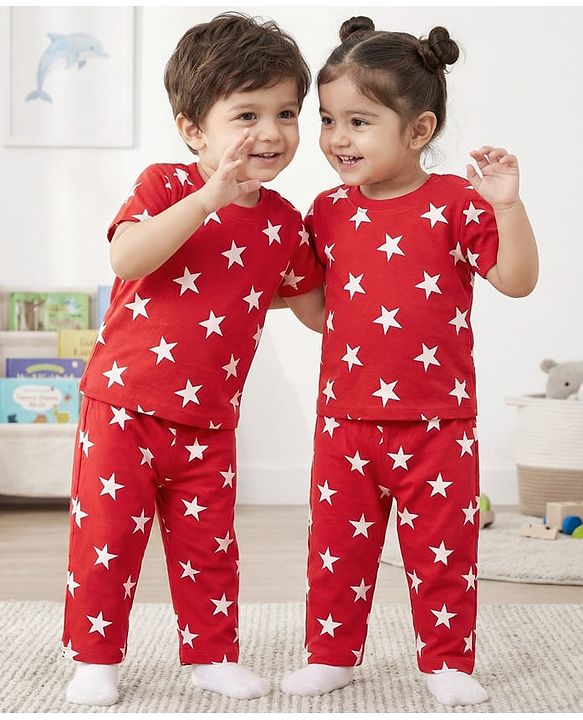 Babyhug Cotton Knit Half Sleeves Night Suit Star Print - Red