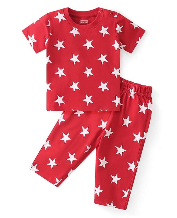 Babyhug Cotton Knit Half Sleeves Night Suit Star Print - Red