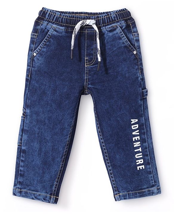 Babyhug Denim Full Length With Stretch Washed Jeans Text Print - Blue