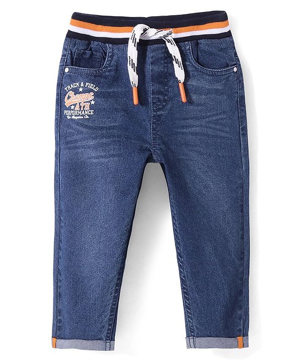 Babyhug Cotton Blend Full Length Stretchable Denim Jeans Text Print - Blue