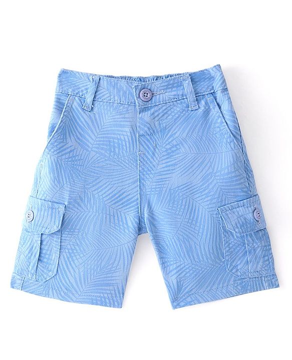 Babyhug Cotton Lycra Woven Above Knee Length Stretchable Bermuda Tropical Print - Light Blue