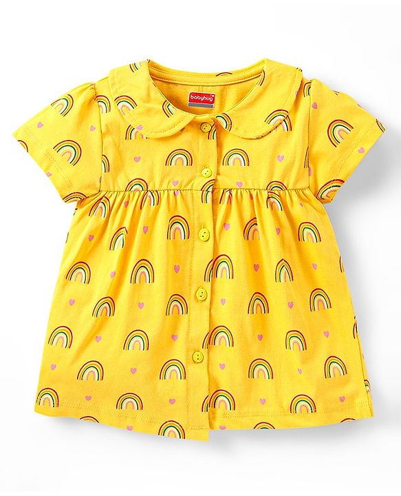 Babyhug Cotton Half Sleeves Night Suit With Rainbow Print - Yellow