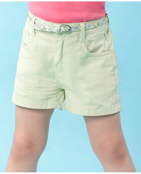 Babyhug Twill Woven Mid Thigh Shorts with Belt - Light Green