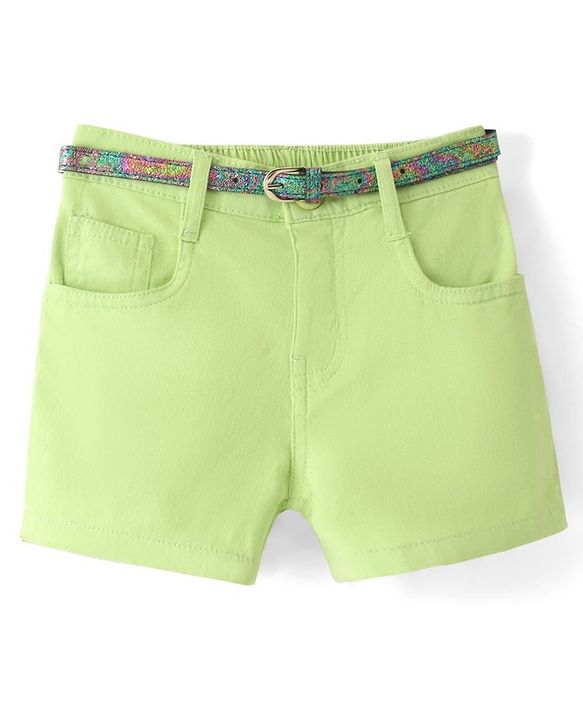 Babyhug Cotton Woven Mid Thigh Length Solid Shorts with Belt - Lime Green