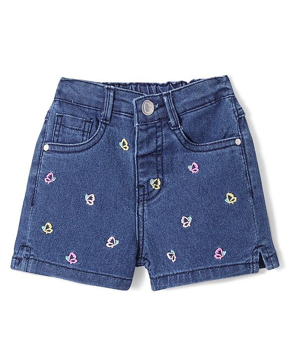 Babyhug Denim Mid Thigh Length Shorts With Stretch Butterfly Embroidery - Dark Blue