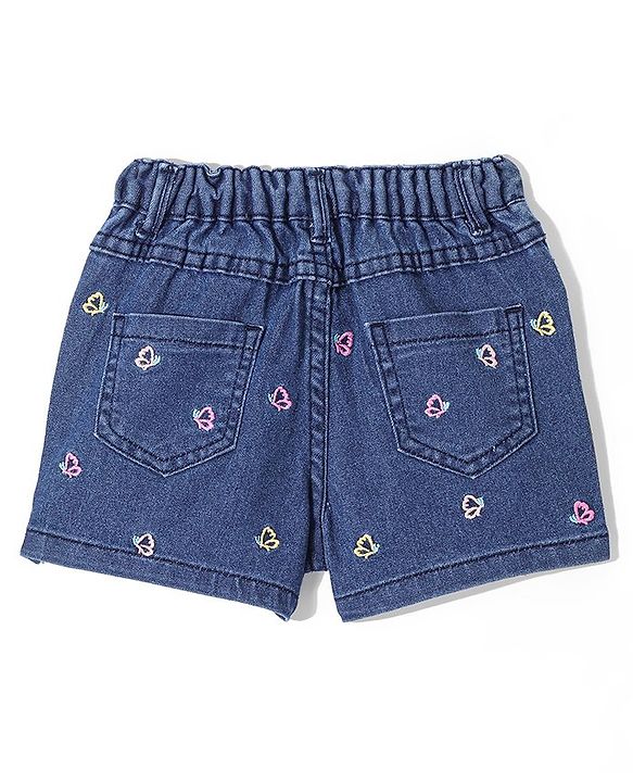 Babyhug Denim Mid Thigh Length Shorts With Stretch Butterfly Embroidery - Dark Blue