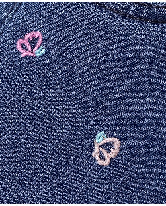 Babyhug Denim Mid Thigh Length Shorts With Stretch Butterfly Embroidery - Dark Blue