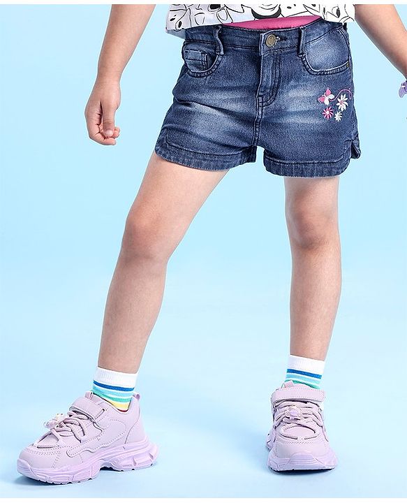 Babyhug Denim Mid Thigh Length Shorts With Stretch Butterfly & Floral Embroidery - Blue