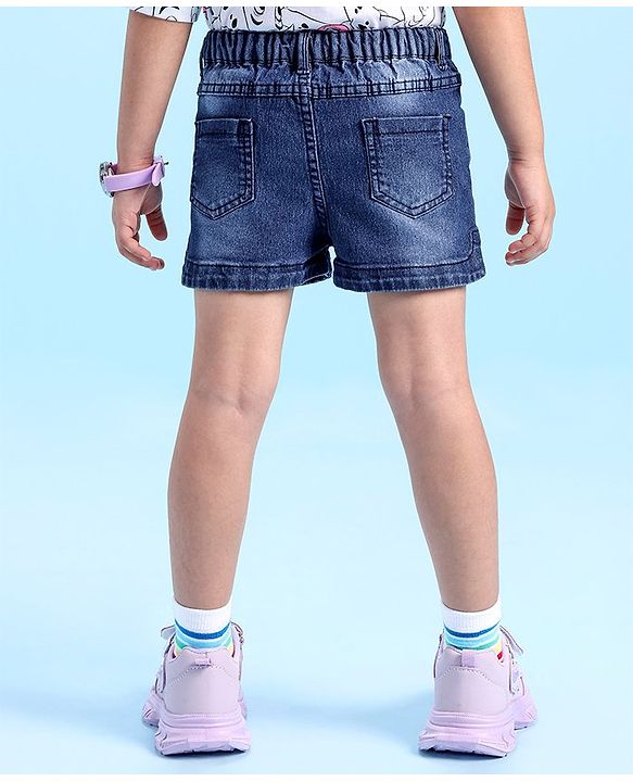 Babyhug Denim Mid Thigh Length Shorts With Stretch Butterfly & Floral Embroidery - Blue