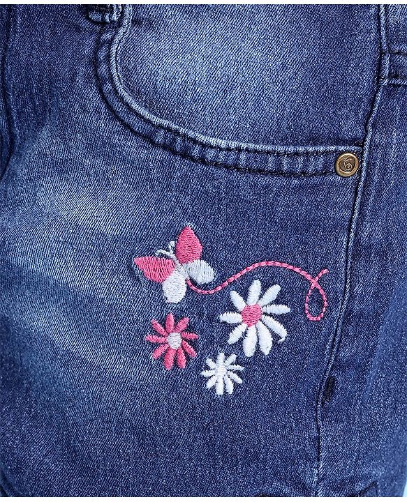 Babyhug Denim Mid Thigh Length Shorts With Stretch Butterfly & Floral Embroidery - Blue