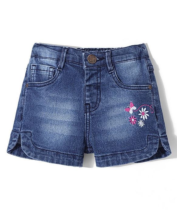 Babyhug Denim Mid Thigh Length Shorts With Stretch Butterfly & Floral Embroidery - Blue