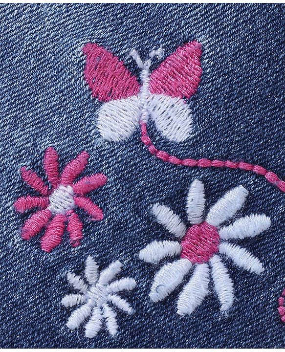 Babyhug Denim Mid Thigh Length Shorts With Stretch Butterfly & Floral Embroidery - Blue