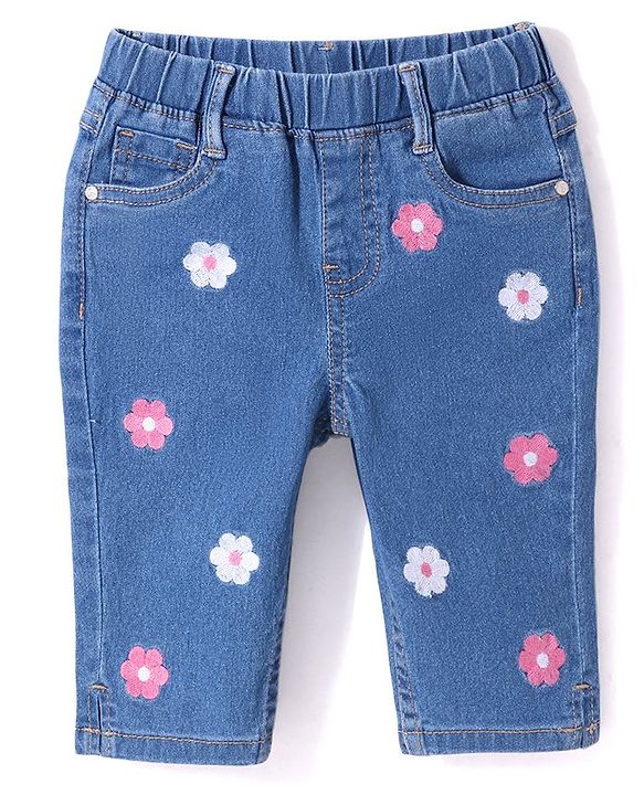 Babyhug Cotton Blend Three Fourth Length Stretchable Washed Denim Capri Floral Embroidery - Blue