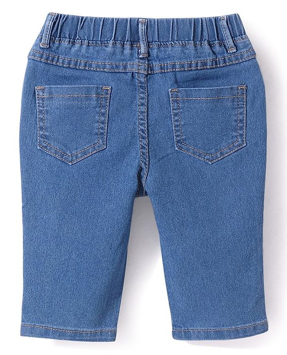 Babyhug Cotton Blend Three Fourth Length Stretchable Washed Denim Capri Floral Embroidery - Blue