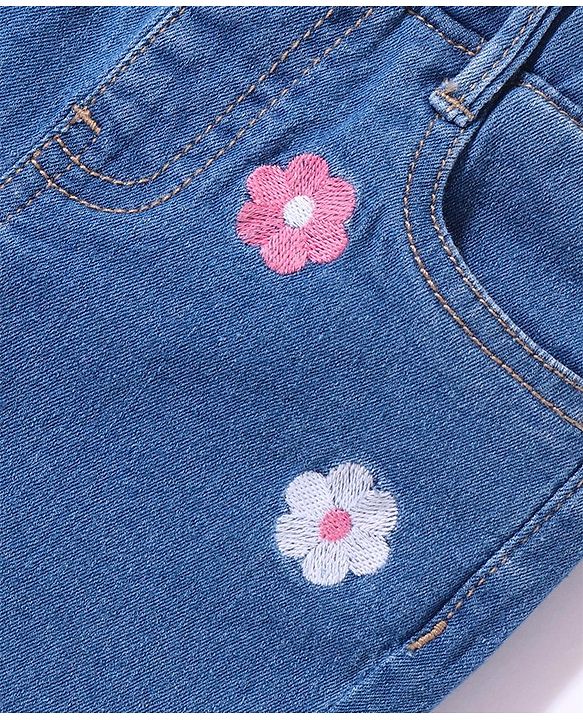 Babyhug Cotton Blend Three Fourth Length Stretchable Washed Denim Capri Floral Embroidery - Blue