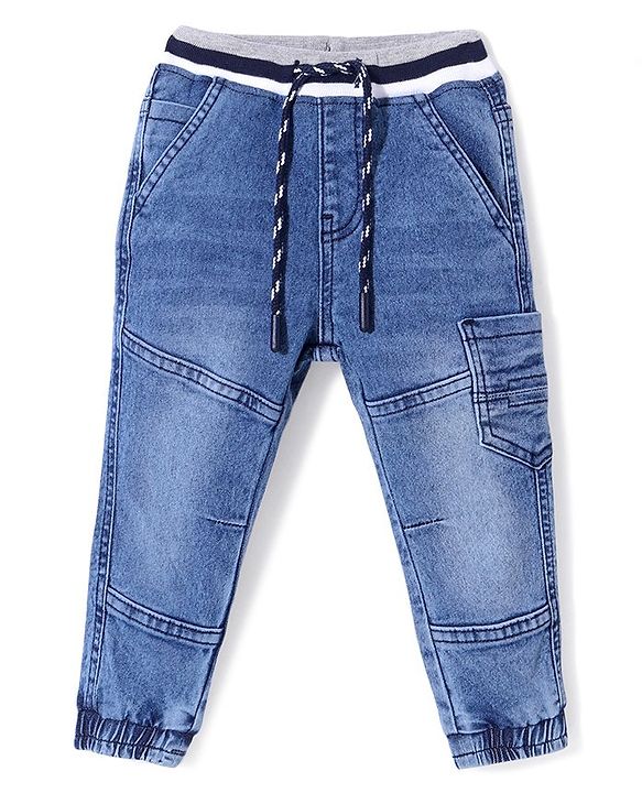 Babyhug Denim Full Length Solid Joggers  - Blue